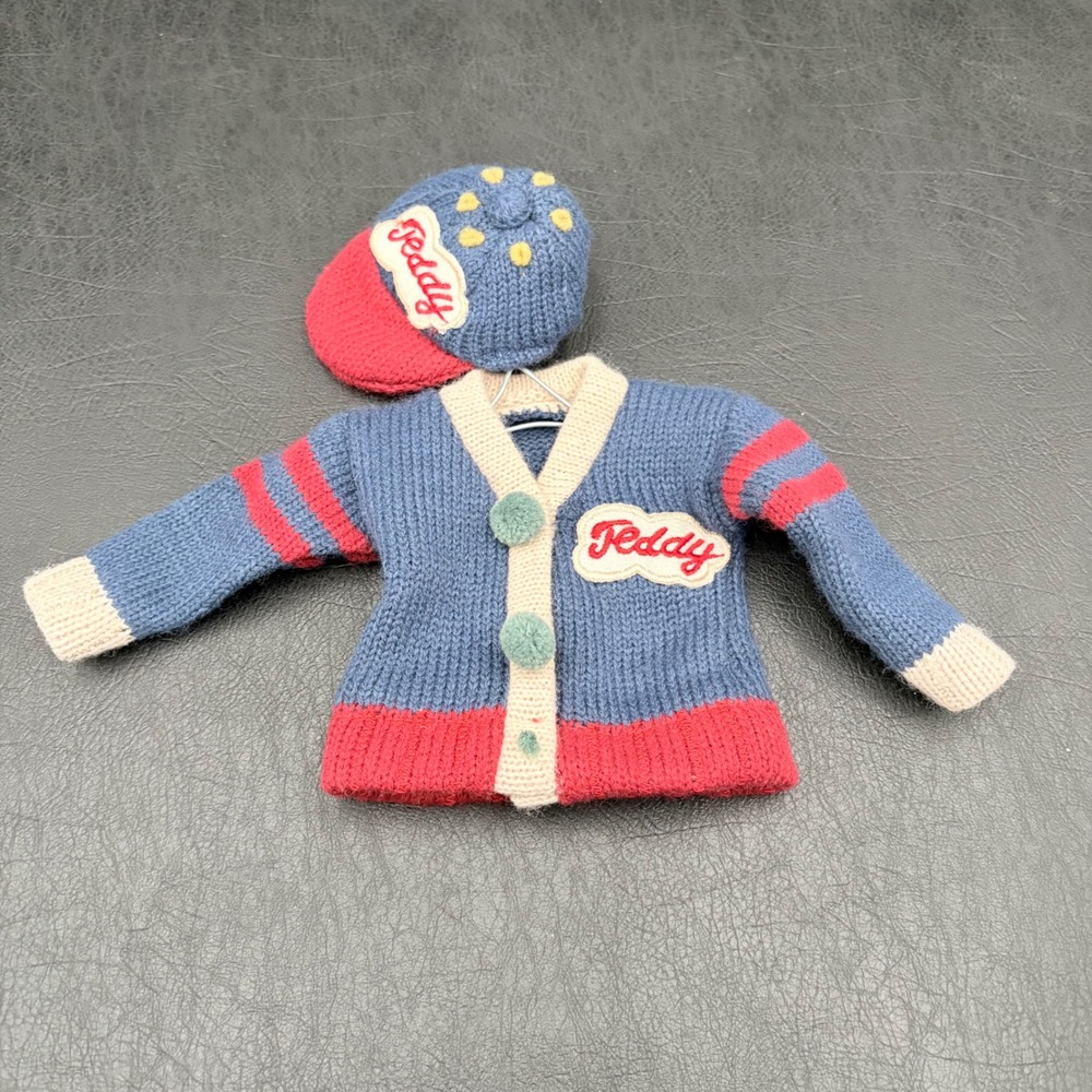 Vintage Style Miniature Knit Teddy Bear Sweater and Hat Set Blue Red Varsity